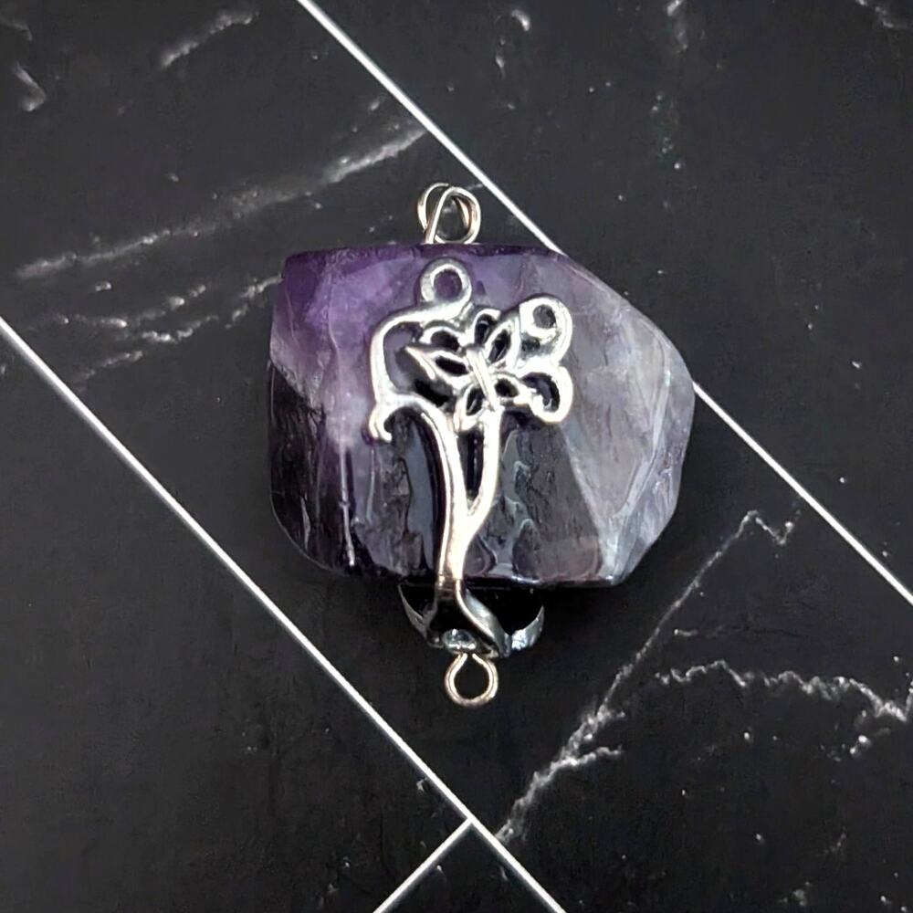 Vintage Pendant Raw Purple Stone with Silver Tone Accent - No Chain Included